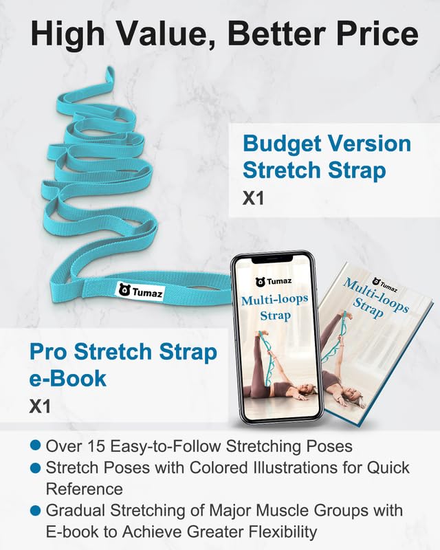 Tumaz Stretching Strap, 10-Loop Non-Elastic Yoga Strap | Designed for stretching, yoga, Pilates and rehab with 10 loops, durable webbing and a longer 79-inch design - color: Turquoise Lite, size: Budget-Essential