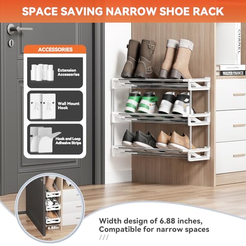 3 Tier for Wall Mounted Shoe Rack with Hook and Loop Sticky Adhesive Strips Shoe Shelf, Slim Shoe Rack Space Saving Design Wall Shoe Organizer for RV - color: White