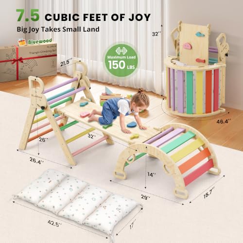 BlueWood Pikler Triangle Set with Cushion, Wooden Climbing Toys for Toddler | Foldable 8-in-1 Montessori Philosophy Toddler Climbing Toys Indoor with Reversible Ramp, Arch and Ladder - Sunshine Rainbow - color: Sunshine Rainbow