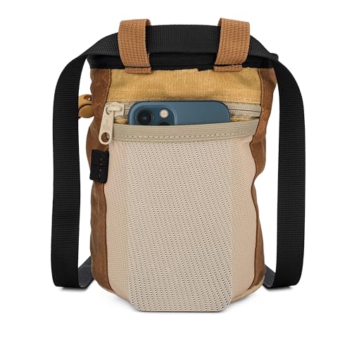 Oso Supply Co - Waxed Canvas Chalk Bag - Zipper Pocket & Mesh Pouch for Bouldering, Rock Climbing, Gym, Weightlifting – Water-Resistant, Adjustable Belt, Wide Opening - color: Chestnut Brown / Khaki