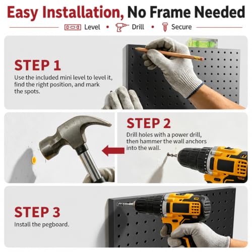 Heavy Duty Metal Pegboard Wall Organizer with 30 Hooks, Shelf and Tool Rack | Extra thick rustproof metal with 2 storage boxes, drywall anchors and screws for garage, workshop, gym and tool storage