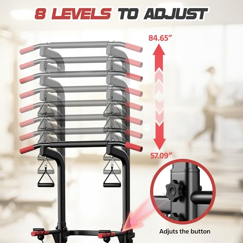 Power Tower Pull Up Bar Free standing with Resistance Bands, 350LBS Heavy Duty Alloy Steel Dip Station for Home Gym Strength Training, Adjustable Height Workout Equipment