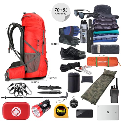75L Hiking Backpack with Rain Cover Waterproof Camping Backpack Shoes Warehouse for Men Women, Frameless - color: Red, size: 75L
