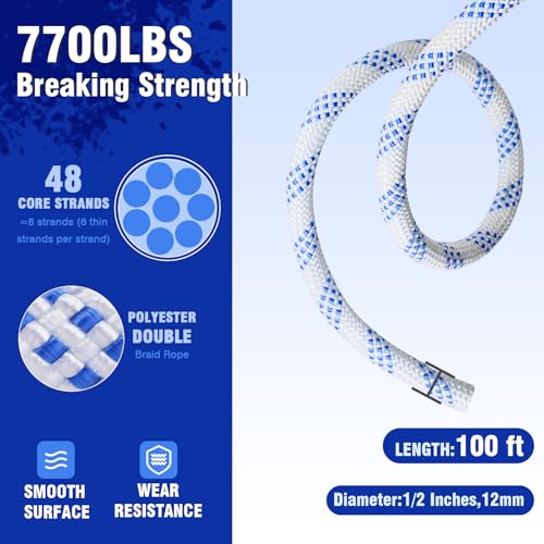 Heavy-Duty Double Block and Tackle Pulley System – 100Ft x 1/2'' Rope, 7700 LB(35KN) Breaking Strength, 4:1 Lifting Ratio – Ideal for Garage, Attic, and Heavy Lifting Applications - size: 1/2'' x 100ft