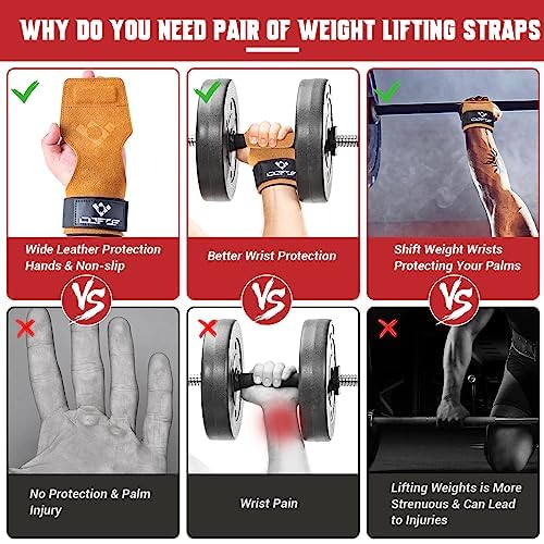 COFOF Weight Lifting Wrist Strap, Double Layer Leather Wrist Strap for Deadlift and Powerlifting, Adjustable Neoprene Padded Gym Workout Lifting Hooks (Pair) - color: Brown