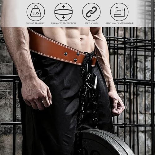 Heavy-Duty Leather Weightlifting Dip Belt with Steel Chain—Weightlifting, Squats, Deadlifts, Weighted pull-ups, Push-ups and Progressive Resistance Training - color: Brown