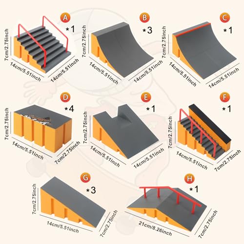 CS COSDDI Finger Skateboard Park Kit, 14 in 1 Skate Park Set with 8 Fingerboards, 14 Ramps, Half Pipe & Finger Bike, Mini Skate Toy for Kids & Adults,Yellow - color: Style -1810-12c