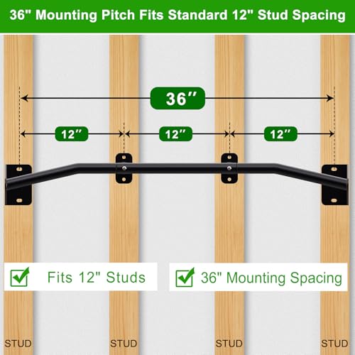 SELEWARE 32"/36" Wall Mount Pull Up Bar Joist Mount Chin Up Bar for Doorway | Heavy Duty Steel Construction Support 450 lb, w/Resistance Band Hooks, Fits 32"/36" Wall Studs for Home Gym Strength Training - size: B: 36" x 1.3" Dia Grip