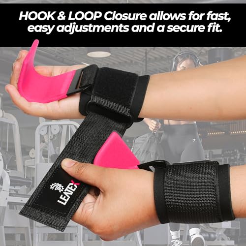 Weight Lifting Hooks (Pair) for Deadlifts, Pull Ups, Rows & Shrugs - Anti-Rip Nylon Strap Hand Grips with Thick Wrist Padding - Heavy Duty Wrist Straps for Weightlifting & Gym Workouts - color: Pink