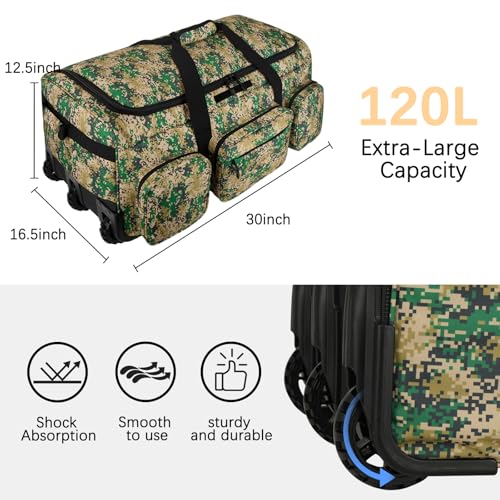 120L 3 Wheel Tactical Rolling Duffle Bag, Heavy Duty Military Deployment Luggage, 900D Waterproof Duffel for Camping Travel Outdoor Sports - color: Camo Green