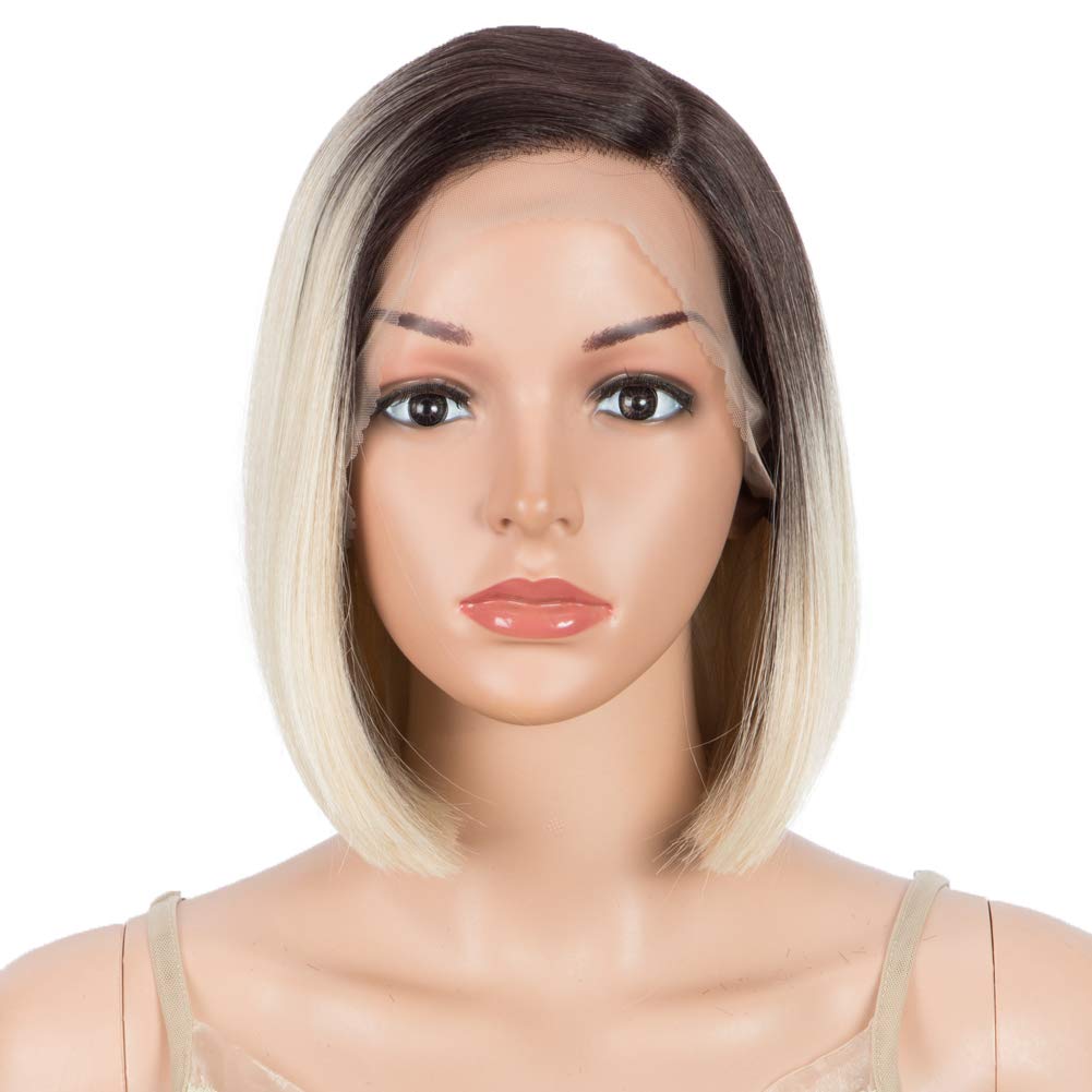 D  But Short Bob Lace Front Wig Synthetic Ombre Black Blonde 2 Tones Color Side Part Wigs For Daily Use Cosplay Party High Tempe