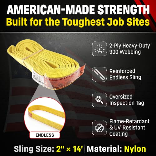 DD Sling 2" x 14' Nylon Endless Lifting Sling – USA Made | 12,800 lb Vertical, 10,200 lb Choker, 25,600 lb Basket – 2 Ply Heavy Duty 900 Webbing, Type 5 Endless Rigging Sling - size: 2"x14'