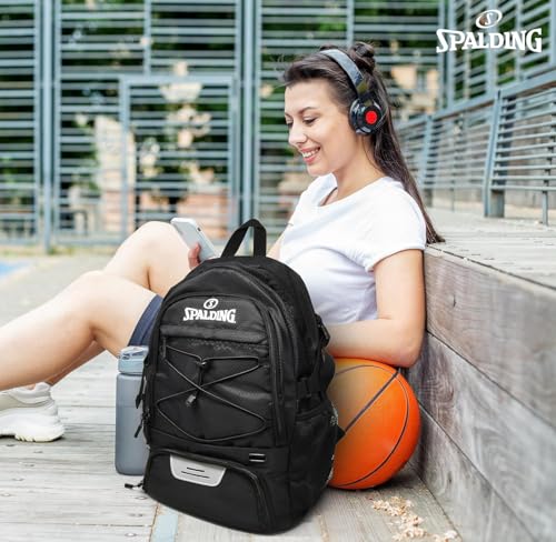 Spalding Basketball Backpack Sports Bag | Large Black Backpack with Shoe and Ball Compartment | Gifts for Basketball Players - color: Black