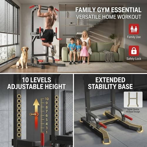 Power Tower Pull Up Bar Dip Station, Free Standing Pull Up Rack Dip Station for Home Gym, 10-Level Adjustable Height Pull Up Bar Stand Dip Bar Strength Training Workout Equipment - color: Dark Black
