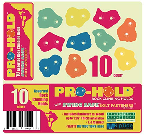 10 Assorted Deluxe Rock Climbing Holds for Kids :: Outdoor Climbing Stones Kit with 20 Swing Safe Fasteners + Drill Bit :: Easy to Install on Lumber from 3/4" to 1.25" Thick - style: 10 Rocks