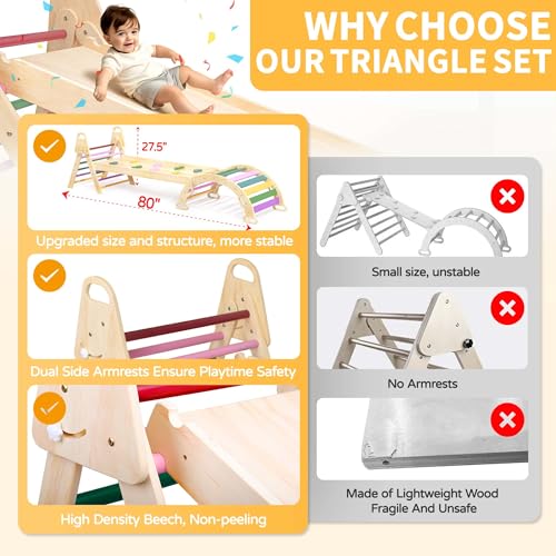 7in1 Extra Large Pikler Triangle Set, Indoor Climbing Toys for Toddlers, Foldable Wooden Montessori Climbing Set with Arch, Ramp & Ladder Baby Indoor Playground Jungle Gyms for Toddlers