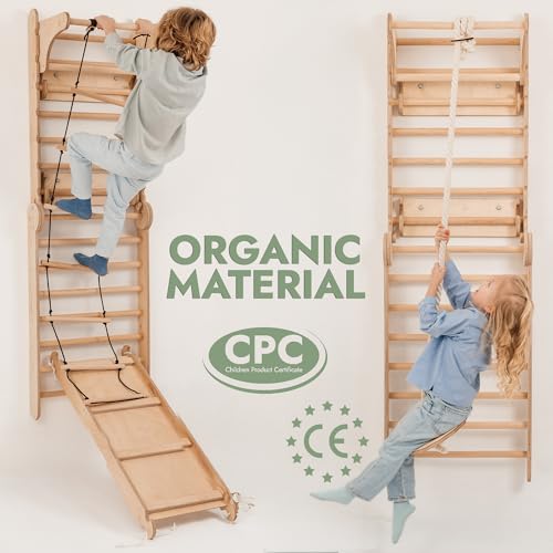 6-in-1 Indoor Playground for Kids – Wooden Swedish Wall, Climbing Ladder, Slide, Swing, Gymnastics Rings, Rock Climbing Wall – Jungle Gym Play Set for Ages 2-12 - size: Swedish Wall