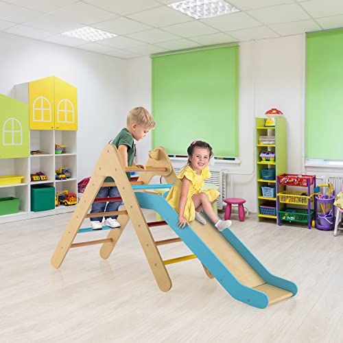 OLAKIDS Pikler Triangle Set 2 in 1 Climbing Toys for Toddlers Foldable Wood Montessori Baby Jungle Gym with Ladder Ramp Slide Kids Indoor Playground Activity Play Structure - color: Rainbow
