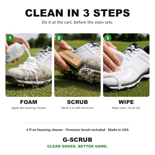 G-SCRUB Shoe Cleaner Kit – Premium Golf Foaming Solution & Brush – Removes Dirt & Grass Stains – Safe on Leather, Mesh & Synthetic – Made in USA