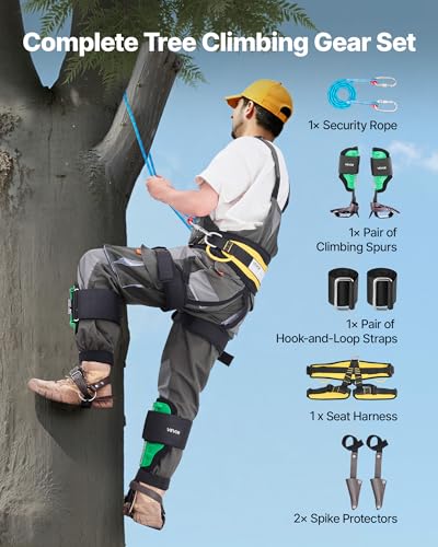 VEVOR Tree Climbing Spikes Set, 1 Pair Height-Adjustable Climbing Spurs with Security Harness and Utility Rope, 350lbs Load Capacity Tree Climbing Gear, Arborist Equipment for Climbers, Fruit Picking - color: Green