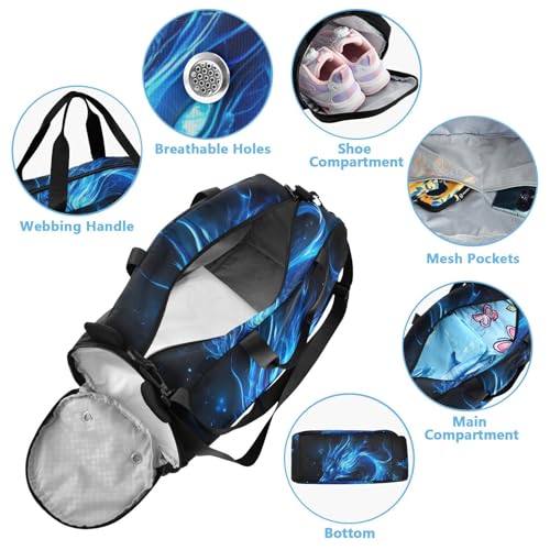 Kids Sports Duffel Bag for Boys & Girls - Blue Flame Dragon 100% Polyester Gym Bag with Separate Shoe Compartment, Adjustable Shoulder Strap, Compact Travel & Workout Gear Bag - color: Blue Flame Dragon