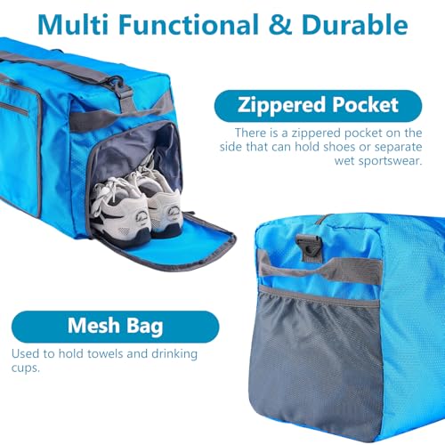 60L Duffle Bag with Shoes Compartment - Foldable&Large Capacity Travel Duffel Bags, Lightweight & Water-Resistant Gym Bag - Light Blue - color: 60L-Light Blue