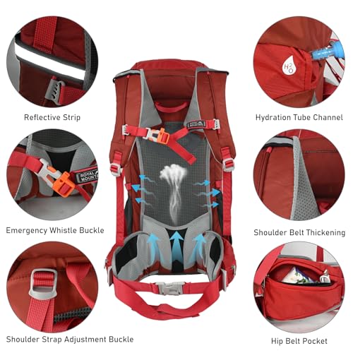 50L Hiking Camping Backpack for Men Women Lightweight Backpacking Back Pack | Waterproof Travel Outdoor Sport Climbing Daypack with Rain Cover - color: Red