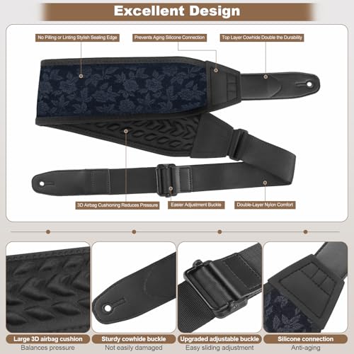 Guitar Strap and Bass Strap, Embroidered Guitar Strap, Adjustable Strap Length, Equipped with 3D Sponge Filled Foam Pad, Comes with 4 Picks + 2 Strap Locks, Best Gift for Guitar Players, Dark Blue - color: Deep Blue Embroidery