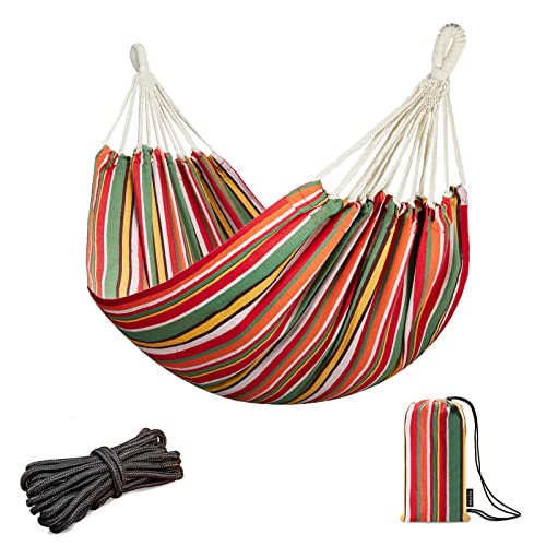 JoyView Brazilian Hammock for Single Person - Portable Cotton Hammock with Hanging Ropes & Carry Bag - 78.8x39.4' - 300LBS Capacity - Red & Green Stripes - color: Red & Green Stripes