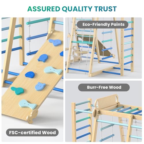 Upgraded Indoor Jungle Gym 9-in-1 Playground Kids Climbing Toys | Waldorf Style Wooden Climber Playset with Slide, Swing, Monkey Bars, Upright/Rope Ladder, Climb Net, Blue - color: Blue