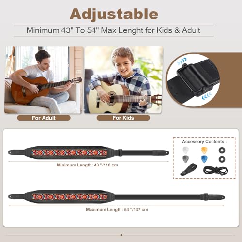 Guitar Strap and Bass Strap, Embroidery Guitar Strap, Adjustable Strap Length, Equipped with 3D Sponge Filled Foam Pad, Comes with 4 Picks + 2 Strap Locks, Best Gift for Guitar Players, Red Flower - color: Red Flower