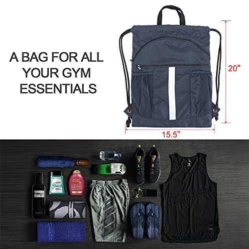 BeeGreen Drawstring Backpack Bag with Shoe Compartment, X-Large Black Gym Sports String Cinch Backpack - color: Navy