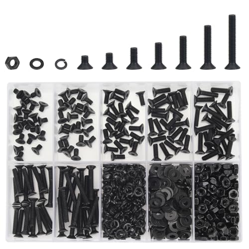 DYWISHKEY 566 Pieces M3 Black Screws, 10.9 Grade Alloy Steel M3x 5/6 /8/10 /12/16 /20mm Countersunk Head Socket Cap Screws Bolts Nuts Washers Assortment Kit - size: M3, style: Countersunk Head Socket Cap