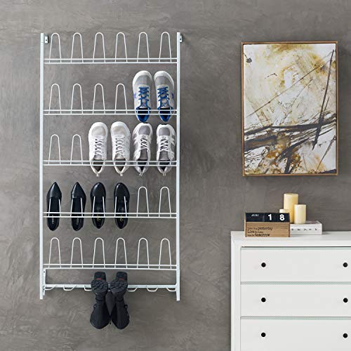 MyGift Matte White Metal Wall Mounted Shoe Rack, Holds 18 Pairs | Modern white metal wall shoe rack stores up to 18 pairs of shoes and boots while saving closet, mudroom, and entryway storage - color: White