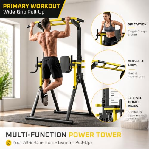 OWLSKY Power Tower Dip Station Pull Up Bar for Fitness Home Gym Workout,440 Pounds Multi-Function 10 level Adjustable Height Fitness Strength Training Exercise Equipment