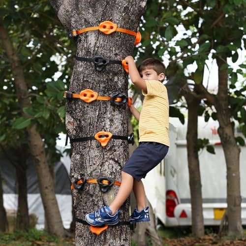 TOPNEW 20 Ninja Tree Climbing Holds for Kids Climber, Orange & Black Tree Climbing Kit with 6 Ratchet Straps for Outdoor Ninja Warrior Obstacle Course Training - style: 20 Pcs Orange & Black 2