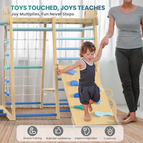 Upgraded Indoor Jungle Gym 9-in-1 Playground Kids Climbing Toys | Waldorf Style Wooden Climber Playset with Slide, Swing, Monkey Bars, Upright/Rope Ladder, Climb Net, Blue - color: Blue