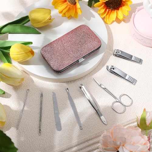 Geosar 12 Sets Manicure Set Nail Clippers Pedicure Kit 8 in 1 Grooming Stainless Steel Kits Nail Care Tools with Travel Case for Employee Coworker Teachers Nurse Gifts(Glitter Pink) - color: Glitter Pink