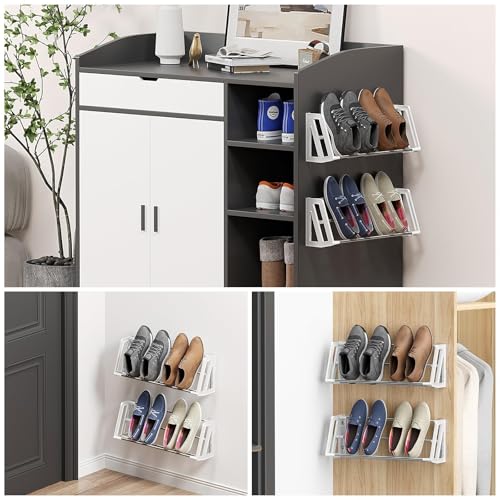 Wall Mounted Shoe Rack, 3 Pack Wall Shoe Rack Holds 6 Pairs of Shoes with Sticky Adhesive Strips Shoe Organizer Space Saving Wall Mount Shoe Storage for Camper Shoe Hanger White