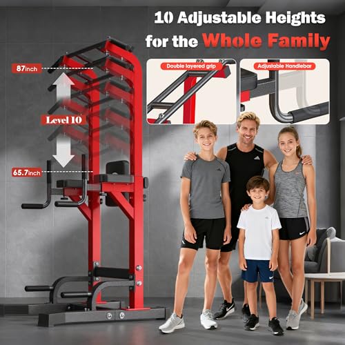 DlandHome Power Tower Pull Up Bar Station, 10 Level Adjustable Height | Heavy Duty Pull Up Dip Station for Home Gym Strength Training Equipment, Comfortable Backrest, 330LBS Weight Capacity - color: Red