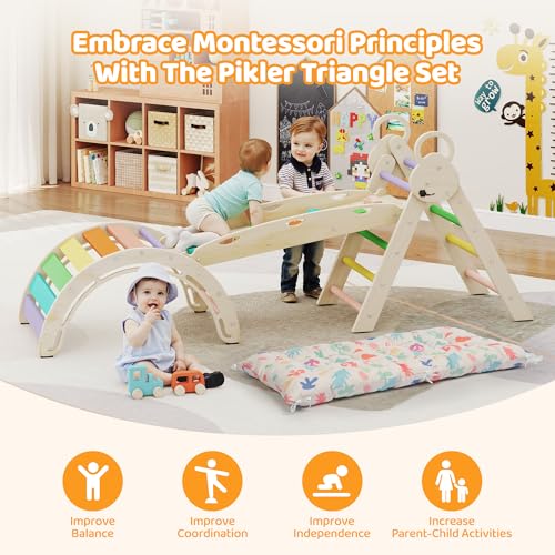 Pikler Triangle Set with Cushion, 7-in-1 Foldable Toddler Climbing Toys, Indoor Playground for Kids, Montessori Climbing Set Gift, Wooden Baby Jungle Gym, for Toddlers 1-3 (Rainbow) - size: 7-in-1 with Cushion