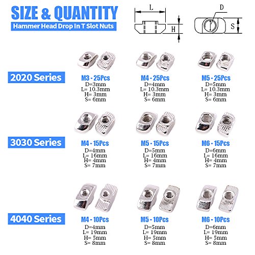 Glarks 150Pcs European M3 M4 M5 M6 Hammer Head Drop in T Nut Slot Assortment Kit for 20/30/40 Series Aluminum Profile - Nickel Plated Carbon Steel - size: Small