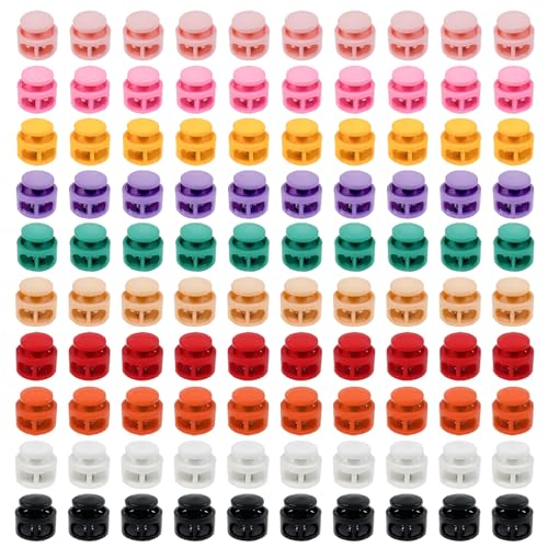 100 Pcs Coloful Plastic Spring Cord Locks for Drawstrings Double Hole Fastener Silder Toggles Clips for Buckle