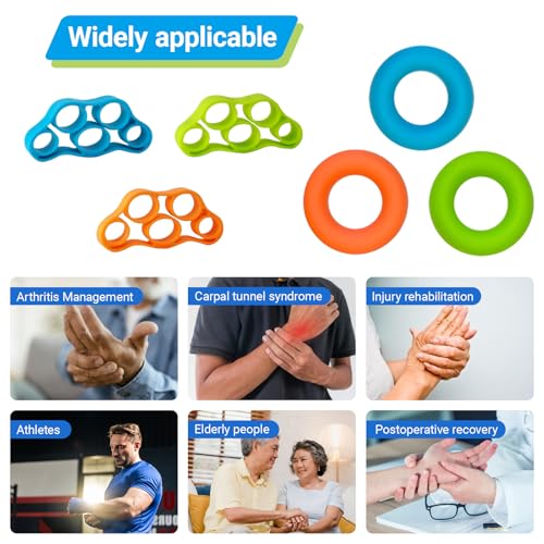 Hand Grip Strengthener Rings Kit - Finger Stretcher Resistance Bands for Hand Exercise, Rehab, Arthritis Relief, Stress & Anxiety Fidget Tool, Set of 3