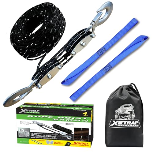 XSTRAP STANDARD Heavy-Duty 50 FT Reflective Rope Hoist Pulley System, Black | Metal Wheels Bearing 2000 LB Breaking Strength Block and Tackle Pulley System for Lifting Heavy Objects, with 2pcs Soft Loops - color: 50 Ft+Reflective Silver Black+2 Soft Loops