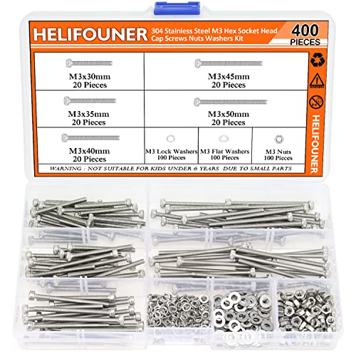 HELIFOUNER 400 Pieces M3 x 30mm /35mm /40mm /45mm /50mm, Hex Socket Head Cap Metric Screws Bolts Washers Nuts Kit, 304 Stainless Steel - size: M3 x 30/35/40/45/50mm