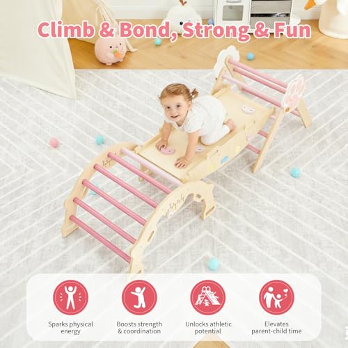 Takywep Pikler Triangle Set, 7-in-1 Foldable Pikler Triangle Climbing Toys Set with Arch & Ramp & Ladder, Indoor Playground Gym, Wooden Montessor Climbing Set for Kids Toddler - color: Pink-cat