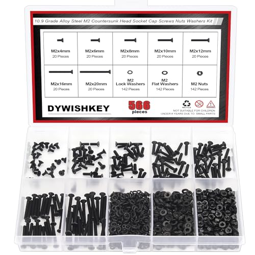 DYWISHKEY 566 Pieces M2 Black Screws, 10.9 Grade Alloy Steel M2x 4/6 /8/10 /12/16 /20mm Countersunk Head Socket Cap Screws Bolts Nuts Washers Assortment Kit - size: M2, style: Countersunk Head Socket Cap