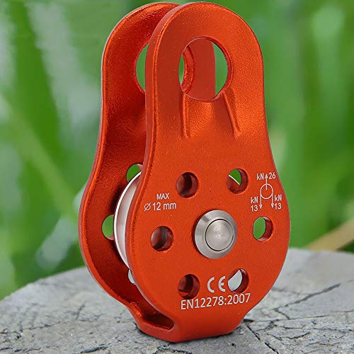 Qiilu Climbing Pulley, 26KN Aluminium Alloy Heavy Duty Single Swivel Rope Pulley Block for 12mm Rope (Orange)