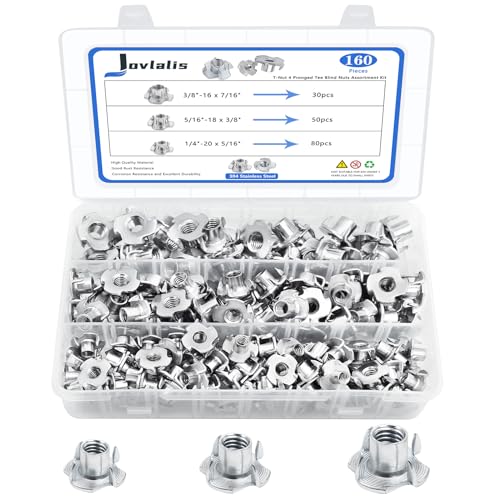 T Nuts 1/4"-20, 5/16"-18, 3/8"-16, Jovlalis 160pcs T-nut 304 Stainless Steel 4 Pronged Tee Blind Nuts Threaded Insert Assortment Kit for Wood, Rock Climbing Holds, Cabinetry, Furniture